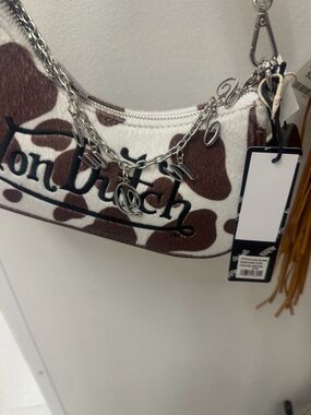 Von Dutch Brown & White Cow Print Mini Shoulder Bag with Chain Charm